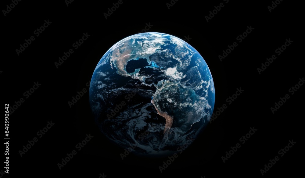 Wide Shot of Earth from Space Against a Dark Background with High Contrast Black and Blue Lighting, Minimalist Design