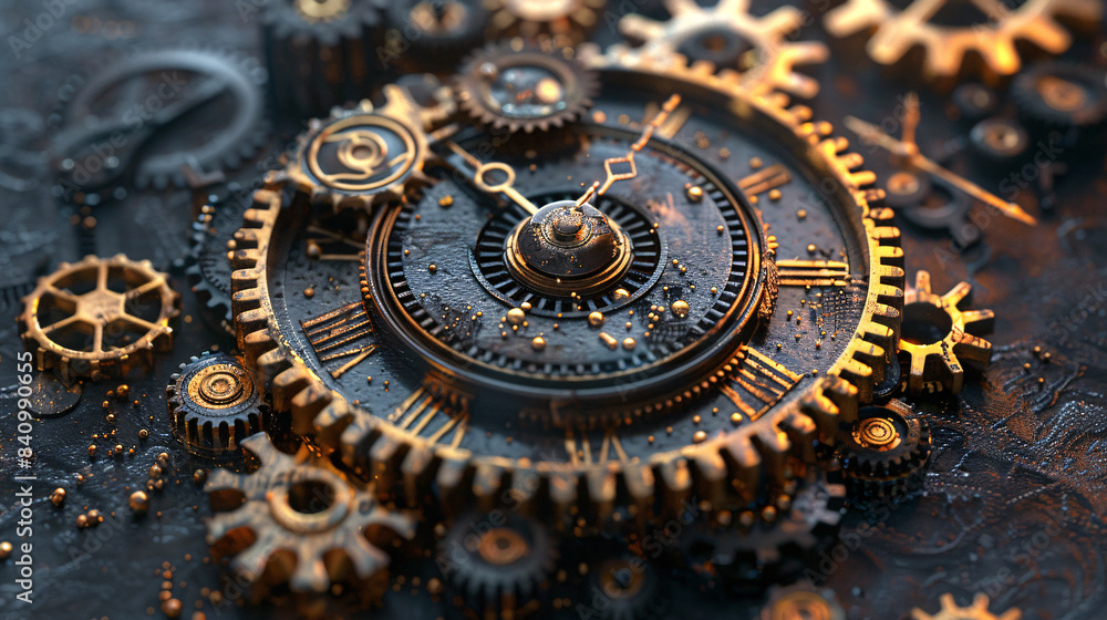 Steampunk background with gears and clock face, 3d render illustration Steampunk background with gears and clock face, 3d render illustration