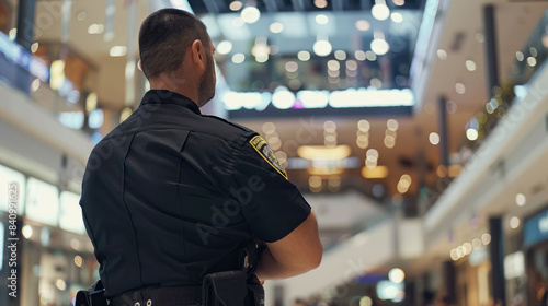 Armed security guard keeps order in store, police officer stands in modern mall. Concept of secure shopping, service, safety, retail, supermarket.