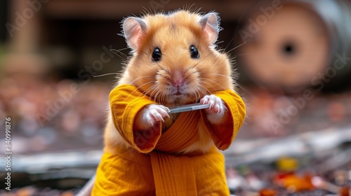 Hamster in Yellow Kimono Holding Sword. Adorable Hamster Samurai.