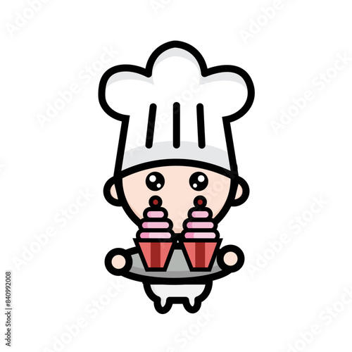 illustration of a cute chef serving cake