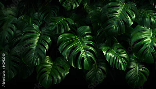 Lush Green Foliage  A Group of Vibrant Leaves Against a Stylish Black Canvas