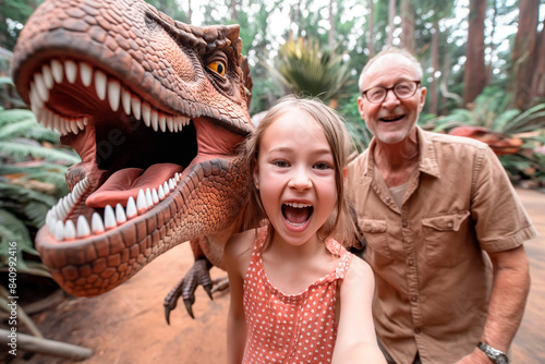 Selfie of a girl and her grandfather with a T-rex dinosaur at Jurrasic park photo