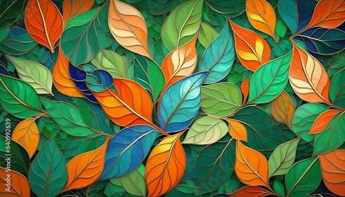 Cloisonne floral pattern of green and orange leaves abstract background  wallpaper art design created with generative ai 