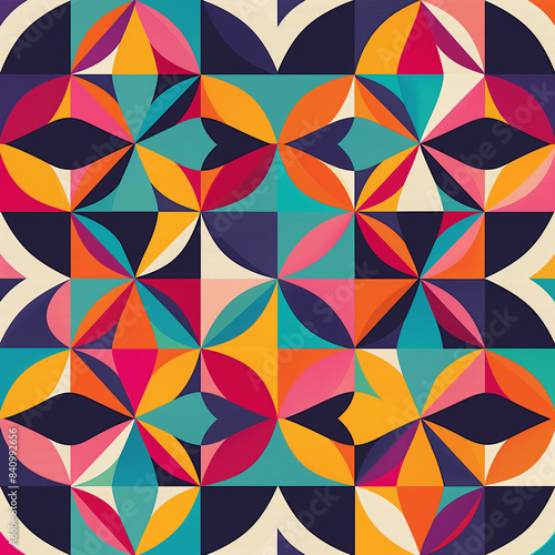 seamless patterned background featuring geometric shapes and vibrant colors