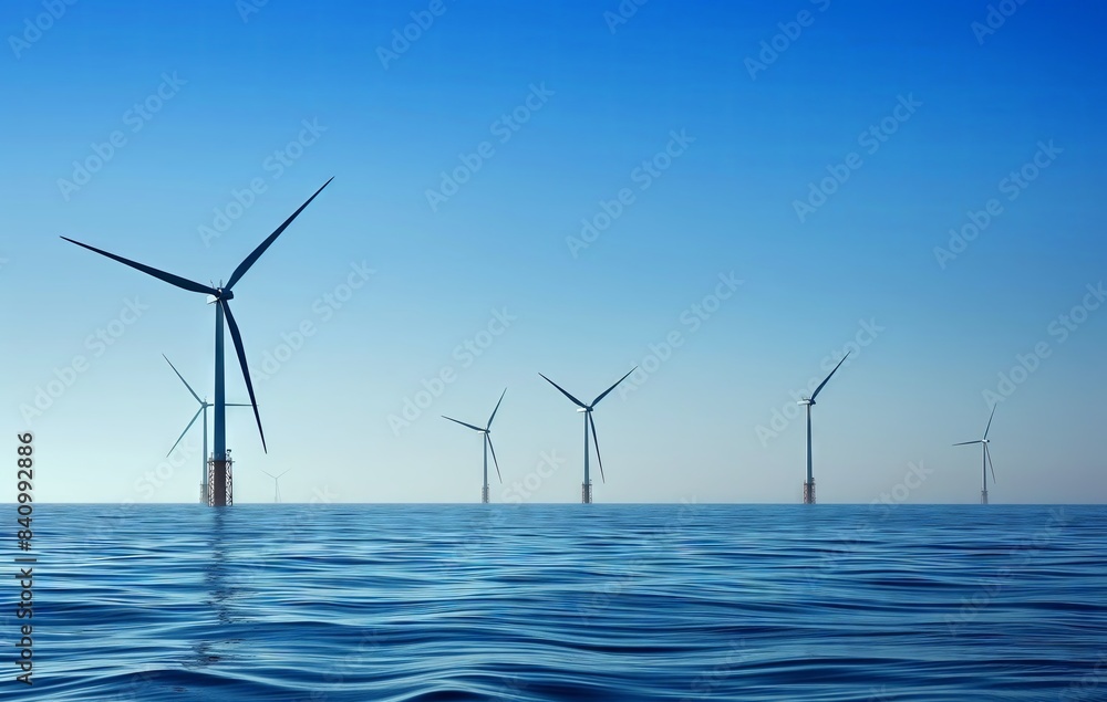 Wind turbines in the sea with a clear blue sky, Copenhagen visible in the background, wide shot.
