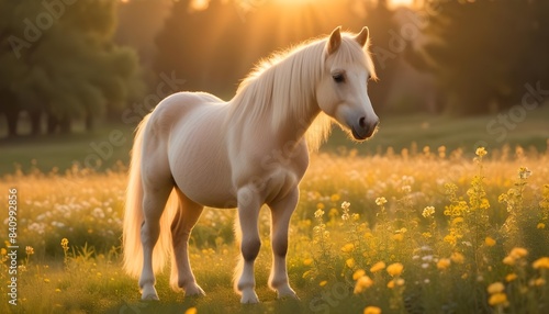 A small pony standing in a grassy field with a warm  golden light