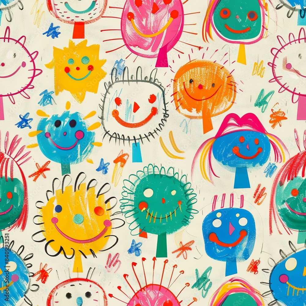 Fototapeta premium A heartwarming drawing of a group of happy people, their faces adorned with big, joyful smiles and expressive eyes, created with the colorful and whimsical style of a young child's crayon art.