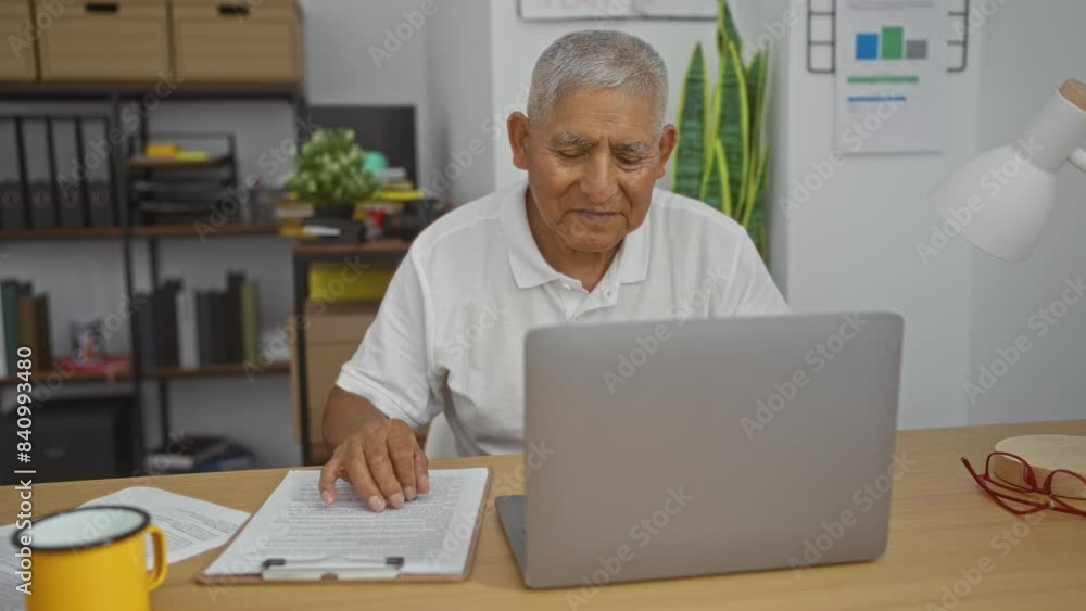 Middle-aged hispanic man working on a laptop in an office setting, appearing concerned, seen in various emotional states from focused to stressed. Middle-aged hispanic man working on a laptop in an office setting, appearing concerned, seen in various emotional states from focused to stressed.