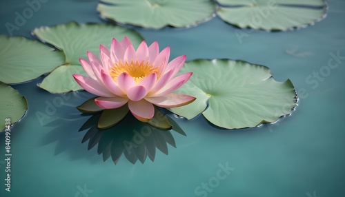 A lotus flower floating on the surface of a calm  turquoise-colored body of water