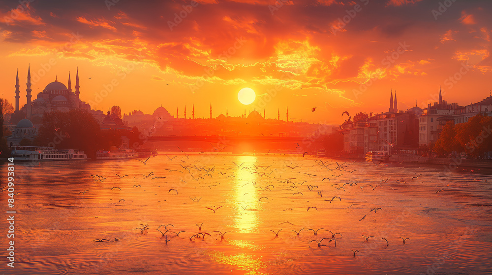 Fototapeta premium typical istanbul scene with moschee and bospurus background created with Generative AI technology