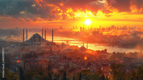 typical istanbul scene with moschee and bospurus background created with Generative AI technology photo