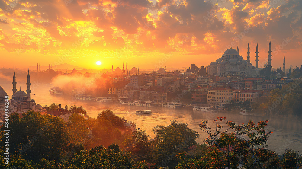 Naklejka premium typical istanbul scene with moschee and bospurus background created with Generative AI technology