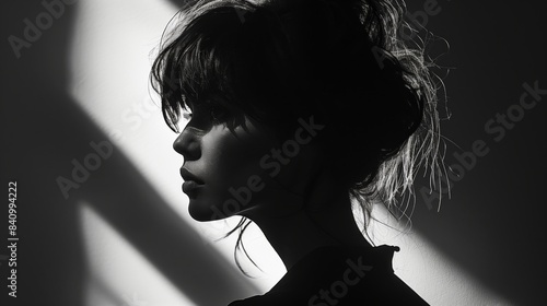 Female person dark in shadows silhouette in the shadow, back lit studio light