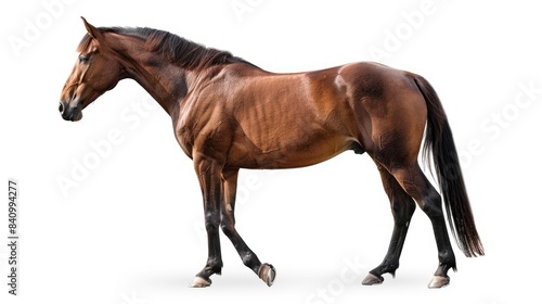 Solitary bay horse on a white background