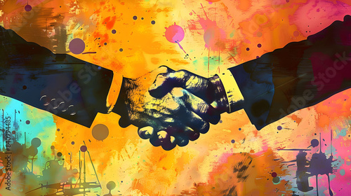 artistic business handshake on vibrant background