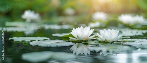 A serene pond surrounded by blooming water lilies  their delicate white petals floating on the calm water s surface. flat design  minimalistic shapes with space for text