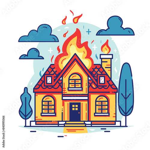 House fire graphic artwork, intense flames engulfing rooftop, emergency situation. Colorful vector illustration, home burning disaster, trees clouds, vibrant colors. Residential building ablaze