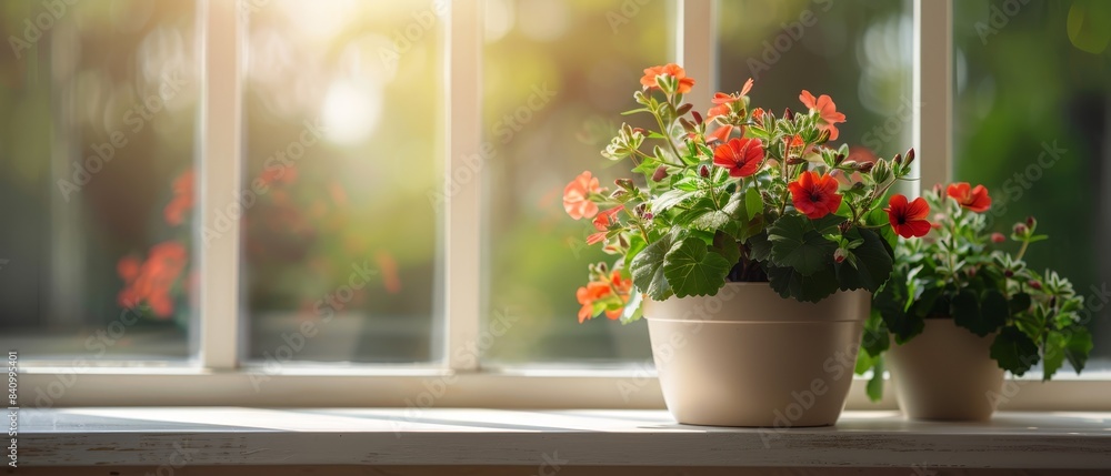 A charming window box filled with colorful geraniums, their vibrant blooms adding a touch of cheer to the scene. flat design, minimalistic shapes with space for text