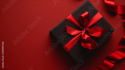 Black Gift Box with Red Ribbon on Red Background, Generative AI