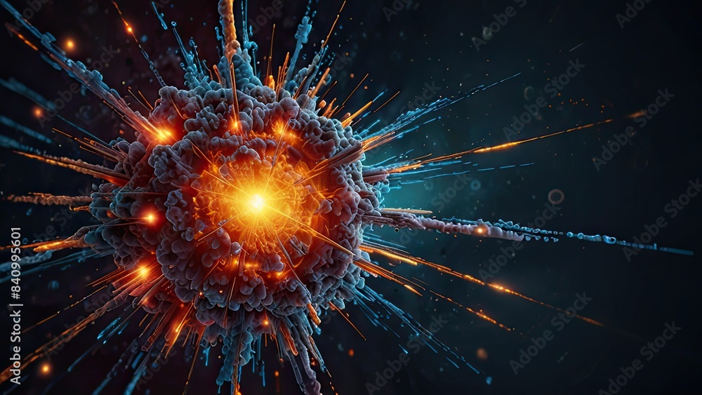 highly stylized and colorful representation of a subatomic particle. It appears to be an artistic interpretation of an atom or a virus-like structure highly stylized and colorful representation of a subatomic particle. It appears to be an artistic interpretation of an atom or a virus-like structure