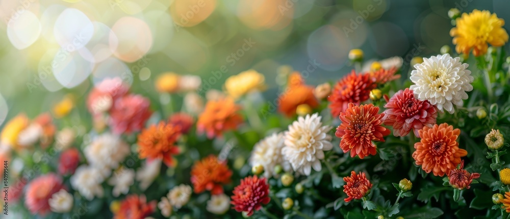 Obraz premium A charming garden featuring blooming chrysanthemums in various shades of red, yellow, and white, creating a vibrant display. flat design, minimalistic shapes with space for text