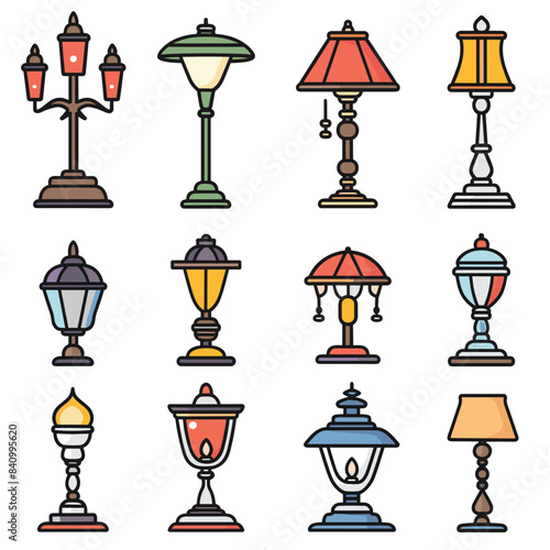 Collection colorful lamp icons, featuring street lamps tabletop lamps, decorative lights illustration. Various styles designs lamps, bright colorful lamp collection, home decor lighting. Set