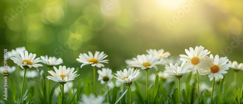 A serene field of white daisies, their delicate petals and yellow centers swaying gently in the breeze. flat design, minimalistic shapes with space for text © Naret