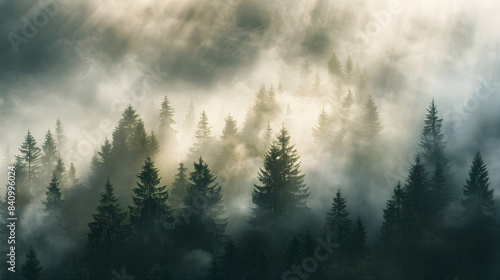 Enchanting Foggy Pine Forest with Sunlight
