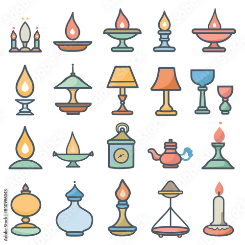 Collection light sources flat design, various lamps candles. Pastel colors dominate, ranging candlesticks classic table lamps. Icon set includes oil lamps, candelabras, lanterns, distinguished its