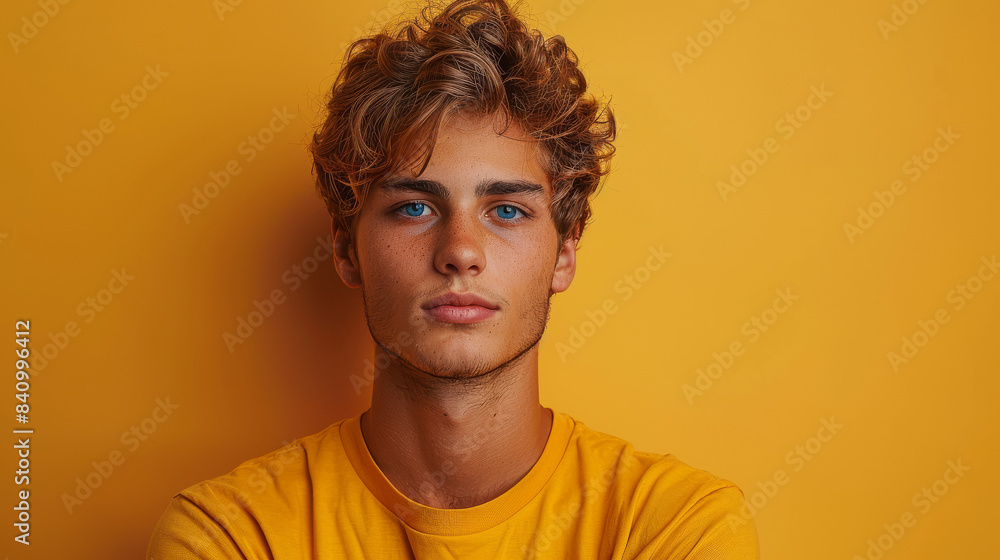 male model posing on yellow background, front view, full body created with Generative AI technology male model posing on yellow background, front view, full body created with Generative AI technology