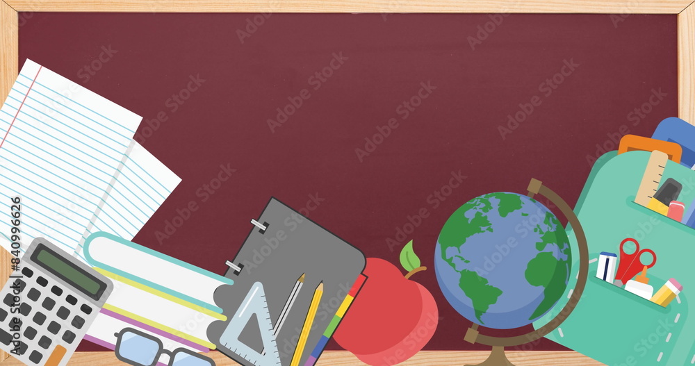 Image of school items icons over red background Image of school items icons over red background