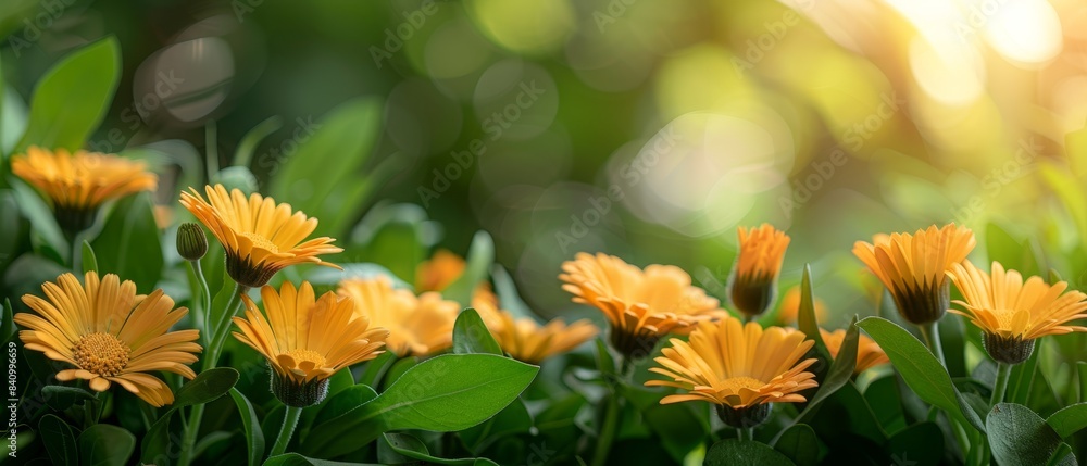 A charming garden scene featuring calendula flowers, their bright yellow and orange blooms standing out against green foliage. flat design, minimalistic shapes with space for text A charming garden scene featuring calendula flowers, their bright yellow and orange blooms standing out against green foliage. flat design, minimalistic shapes with space for text