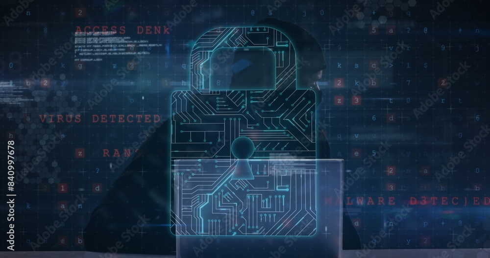 Image of multiple computer screens, online security padlock over hacker using computer Image of multiple computer screens, online security padlock over hacker using computer