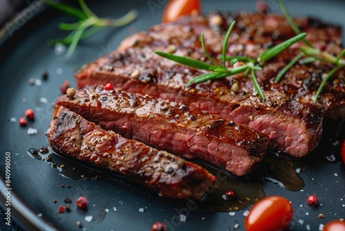 Sliced tasty steak on plate, closeup - generative ai