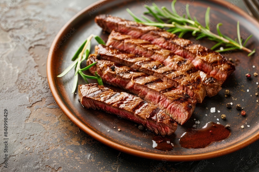 Sliced tasty steak on plate, closeup - generative ai Sliced tasty steak on plate, closeup - generative ai