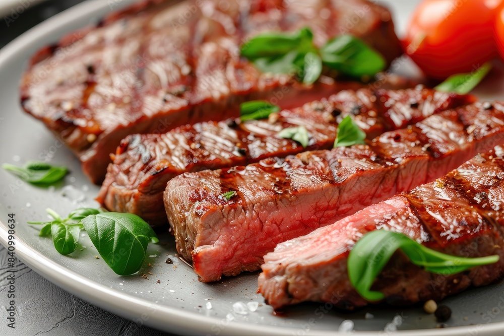 Sliced tasty steak on plate, closeup - generative ai Sliced tasty steak on plate, closeup - generative ai