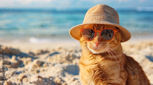Orange tabby cat in sunglasses and hat on beach 