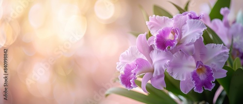A stunning close-up of a cattleya orchid in full bloom, its large, fragrant petals displaying a mix of purple and white hues. flat design, minimalistic shapes with space for text