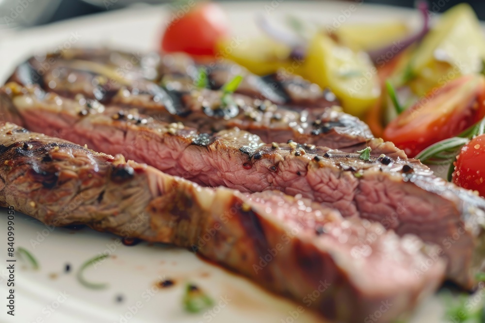 Sliced tasty steak on plate, closeup - generative ai Sliced tasty steak on plate, closeup - generative ai