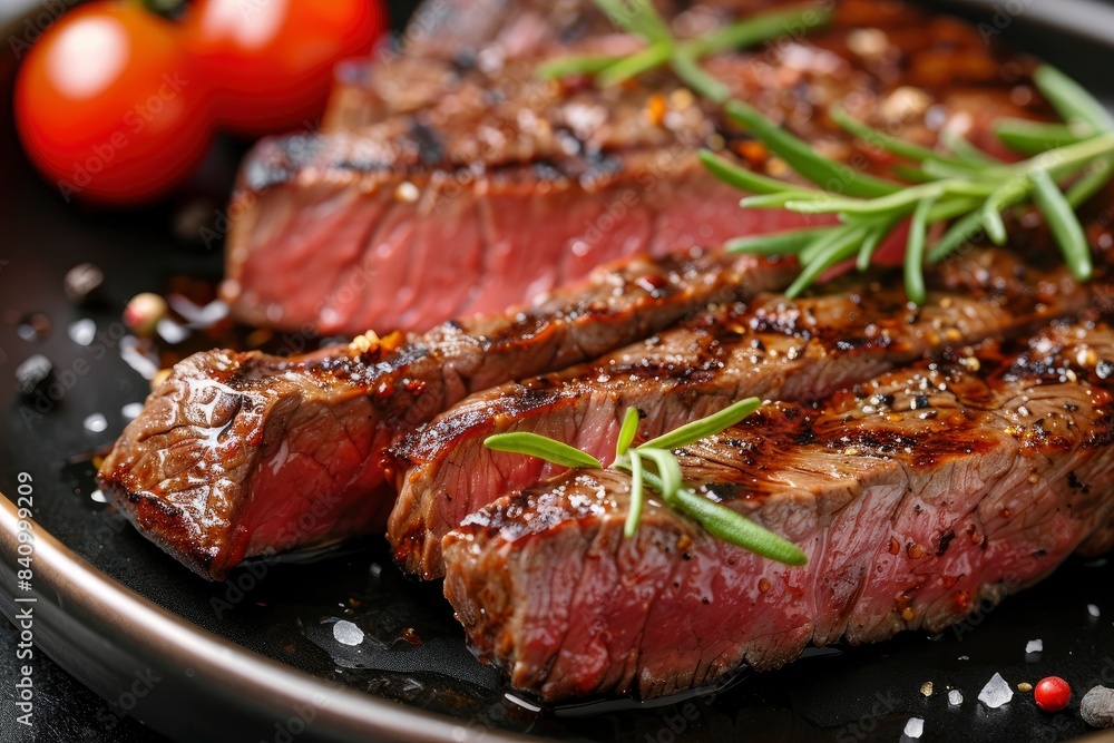 Sliced tasty steak on plate, closeup - generative ai Sliced tasty steak on plate, closeup - generative ai