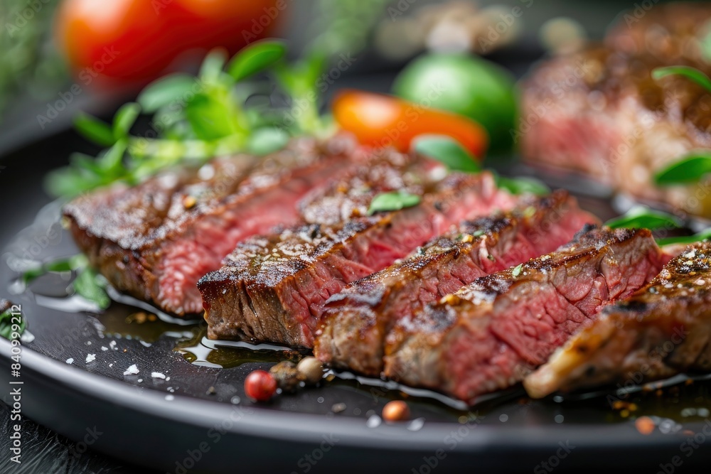 Sliced tasty steak on plate, closeup - generative ai Sliced tasty steak on plate, closeup - generative ai