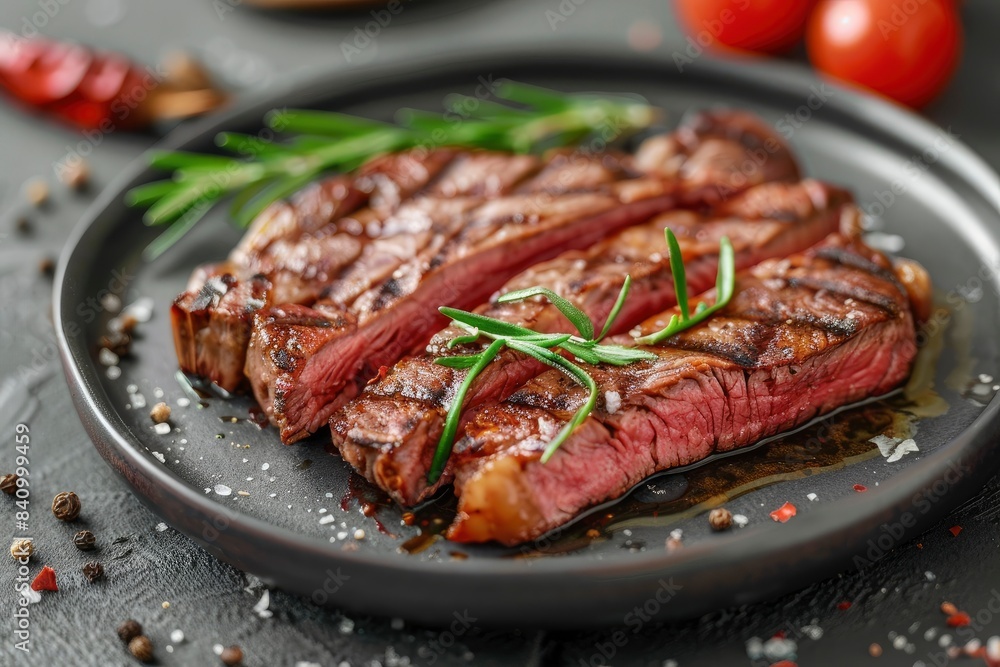 Sliced tasty steak on plate, closeup - generative ai Sliced tasty steak on plate, closeup - generative ai
