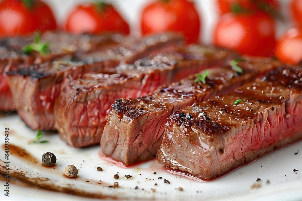 Sliced tasty steak on plate, closeup - generative ai Sliced tasty steak on plate, closeup - generative ai