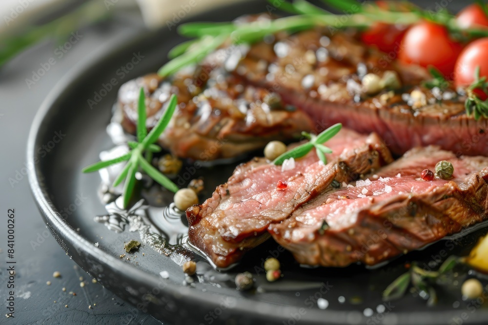 Sliced tasty steak on plate, closeup - generative ai Sliced tasty steak on plate, closeup - generative ai