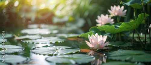 A serene pond adorned with blooming sacred lotus flowers  their large pink petals and lush green leaves floating gracefully. flat design  minimalistic shapes with space for text