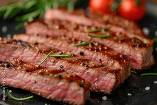 Sliced tasty steak on plate, closeup - generative ai