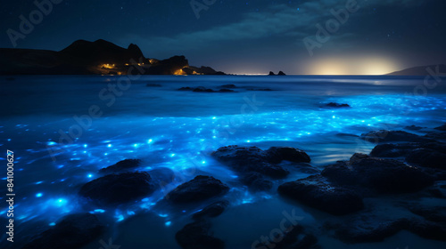 The rocky shoreline is surrounded by bioluminescent waters bioluminescent from plankton. Under the starry sky