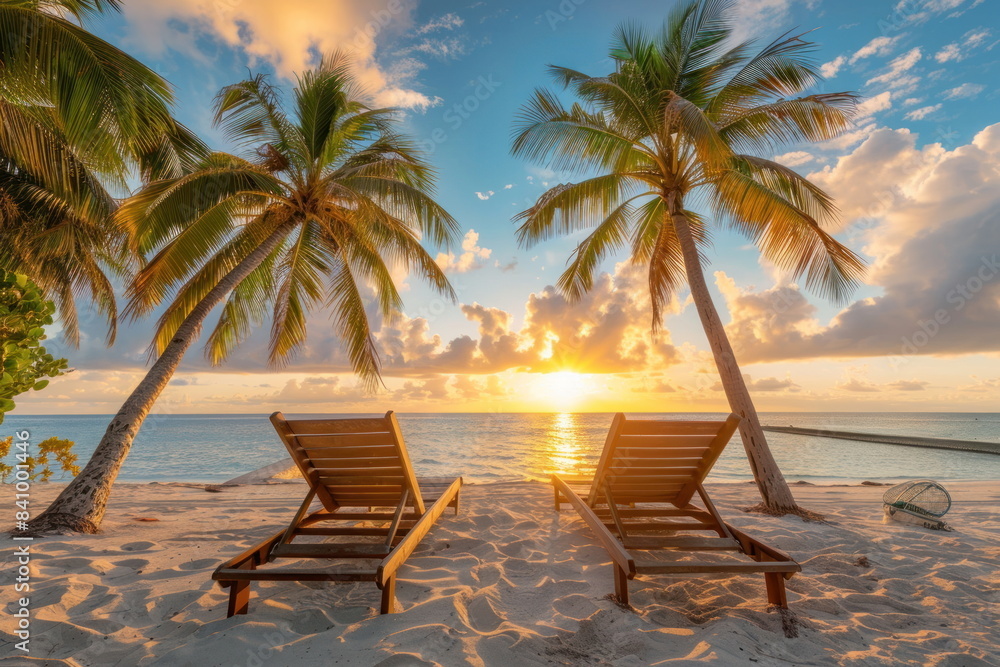 Obraz premium Beach chairs are placed on a beautiful beach with coconut trees.