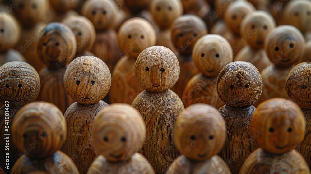 A close-up view of intricately carved wooden figurines, each with unique facial expressions, representing a diverse group of people in a crowd A close-up view of intricately carved wooden figurines, each with unique facial expressions, representing a diverse group of people in a crowd